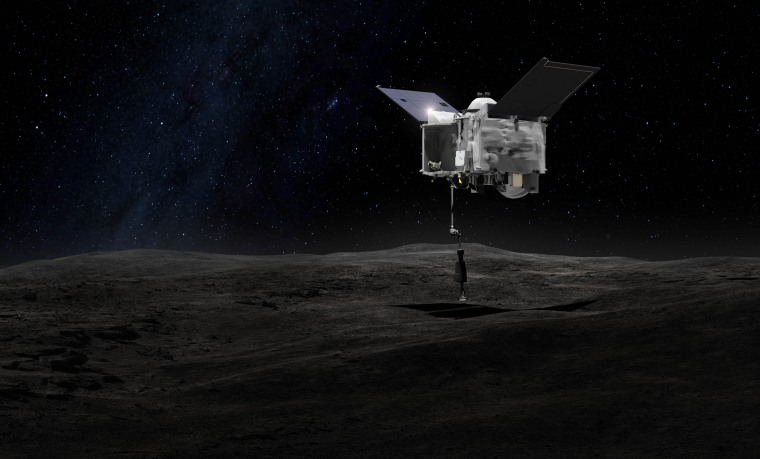 This artist's concept shows the OSIRIS-REx spacecraft lowering its arm to take a sample of the asteroid Bennu.