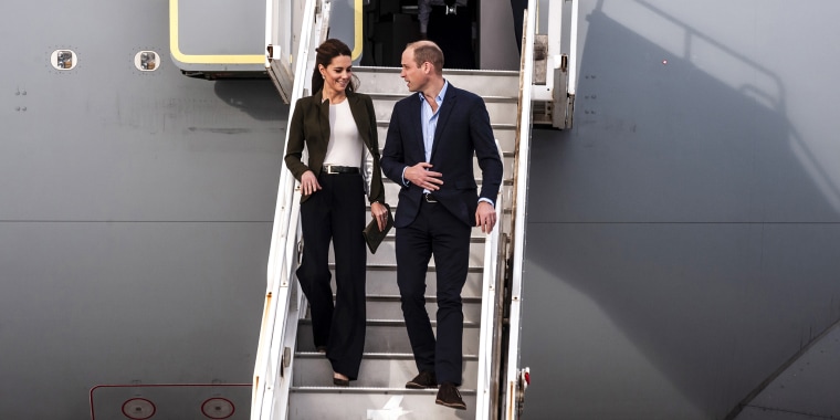 Former Kate Middleton rocks wide-legged pants and a cute blazer. 