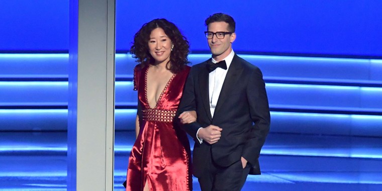 Sandra Oh and Andy Samberg at 70th Emmy Awards 