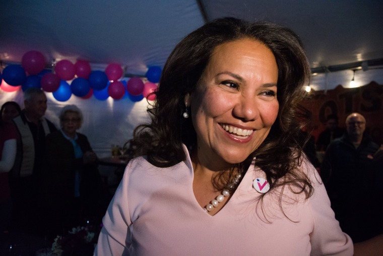 Image: Former El Paso County Judge, Escobar, reacts after winning her Democratic primary race for the 16th congressional district in El Paso,