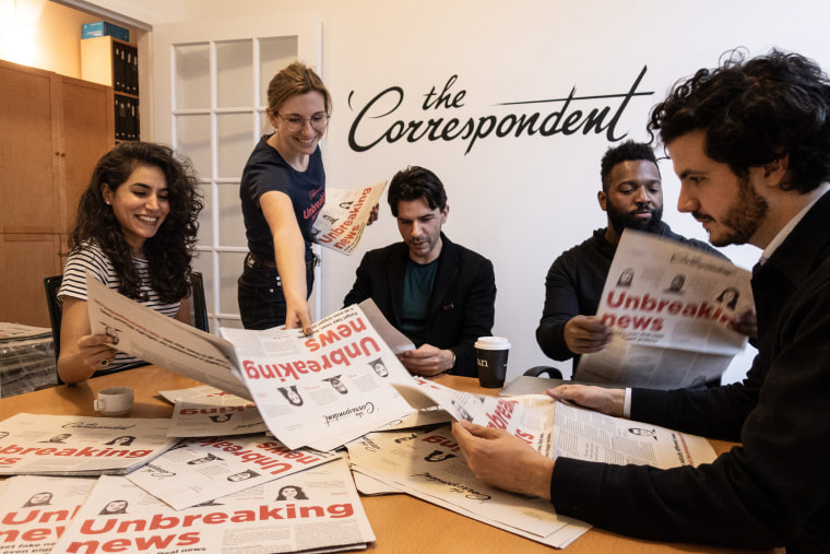 The Correspondent team, from left, Zainab Shah, Jessica Best, Rob Wijnberg, Baratunde Thurston, and Ernst Pfauth.