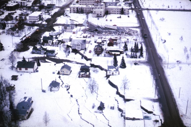 The damage after a landslide caused by an earthquake in Anchorage, Alaska, on March 27, 1964.