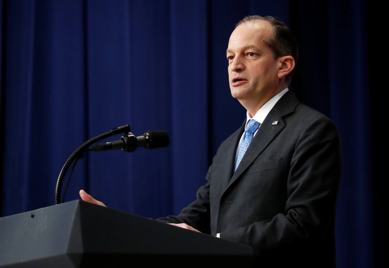 Image: U.S. Labor Secretary Alexander Acosta speaks before U.S. President Donald Trump at an event for "supporting veterans and military families" at the White House in Washington