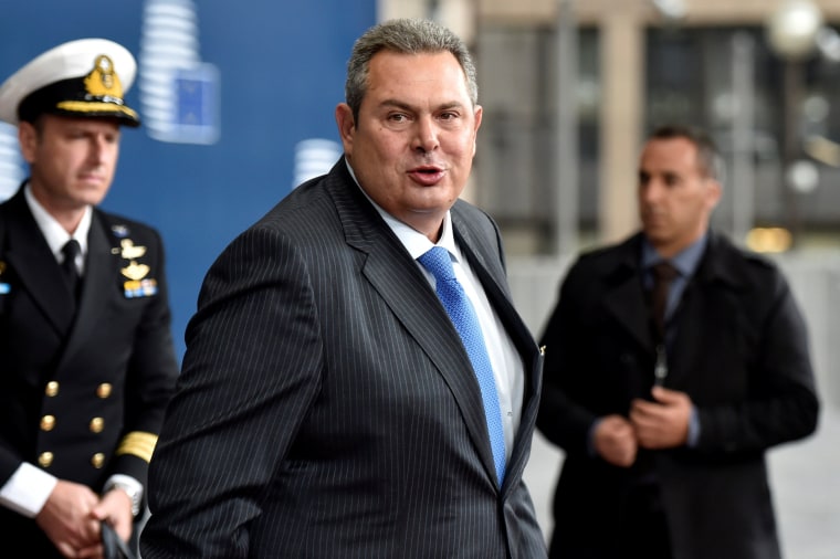 Image: Greek Defence Minister Panos Kammenos arrives for a meeting at the EU Council in Brussels on May 18, 2017.