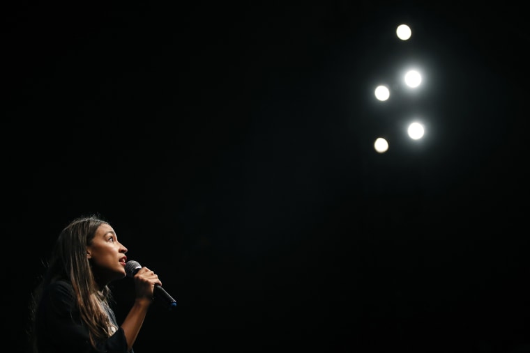 Image: Alexandria Ocasio-Cortez addresses supporters at a fundraiser in Los Angeles on Aug. 2, 2018.