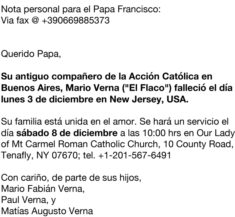 A copy of the fax in Spanish that Matias Verna sent to the Vatican about his father's death in hopes that Pope Francis would see it. 