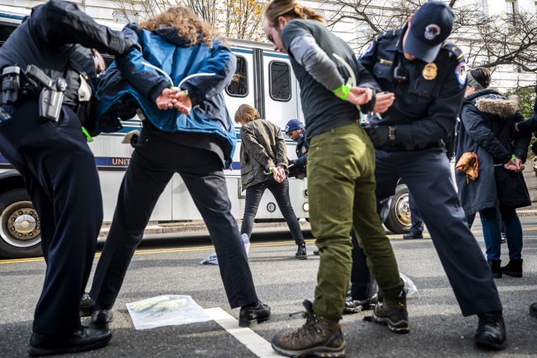 Image: Capitol police arrest protesters outside the Longworth House Office Building after a rally in support of a "Green New Deal" in Washington on Dec. 10, 2018.