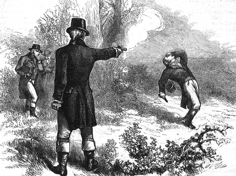 Image: An engraved illustration of the duel between Alexander Hamilton and Aaron Burr in New Jersey on July 11, 1804.