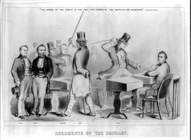 Image: A lithograph of the caning of Charles Sumner by Preston S. Brooks in 1856.