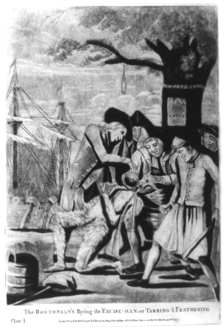 A drawing shows five men forcing a tarred and feathered customs officer to drink from a teapot, as tea is dumped from a ship in the background.