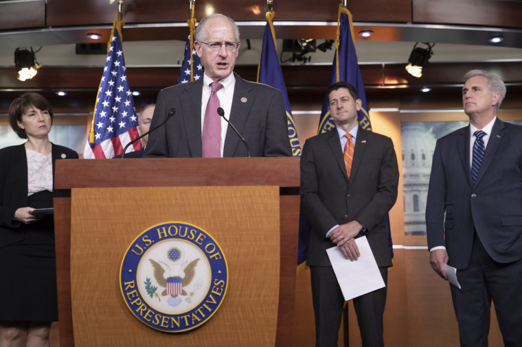 House Agriculture Committee Chairman Mike Conaway joined, from left, by Rep. Cathy McMorris Rodgers, Rep. Paul Ryan, and Rep. Kevin McCarthy speaks about the farm bill during a news conference on Capitol Hill on May 16, 2018.