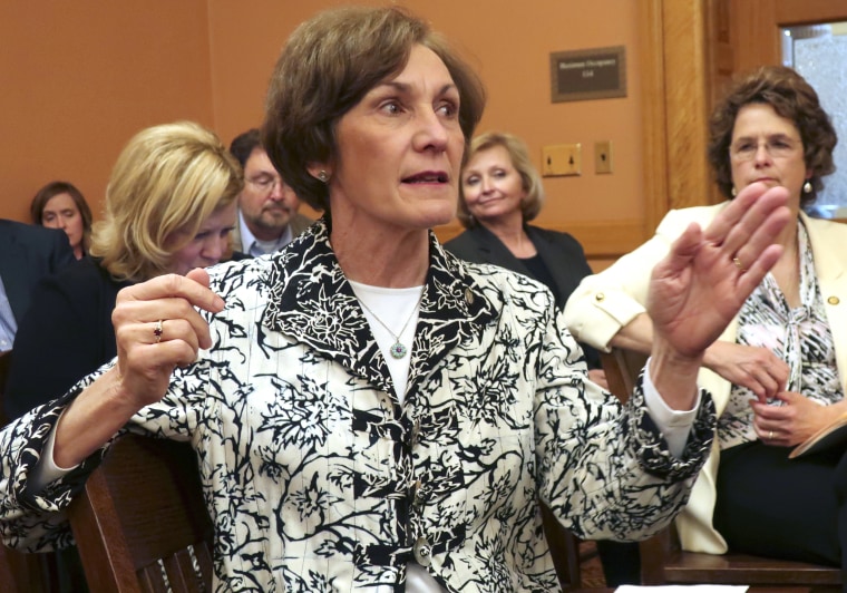 Kansas State Sen. Barbara Bollier speaks at the Statehouse in Topeka on April 26, 2018.