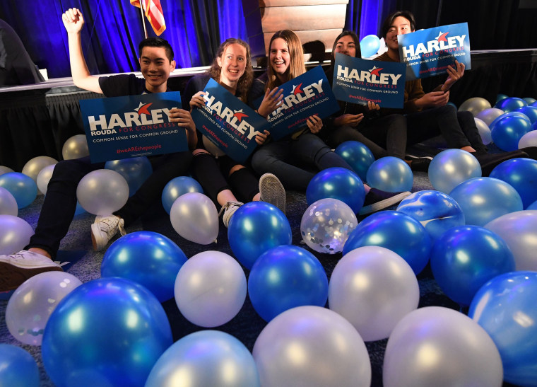 Image: Supporters of Democratic candidate Harley Rouda celebrate as they watch the returns on election night in Newport Beach, California, on Nov. 6, 2018.