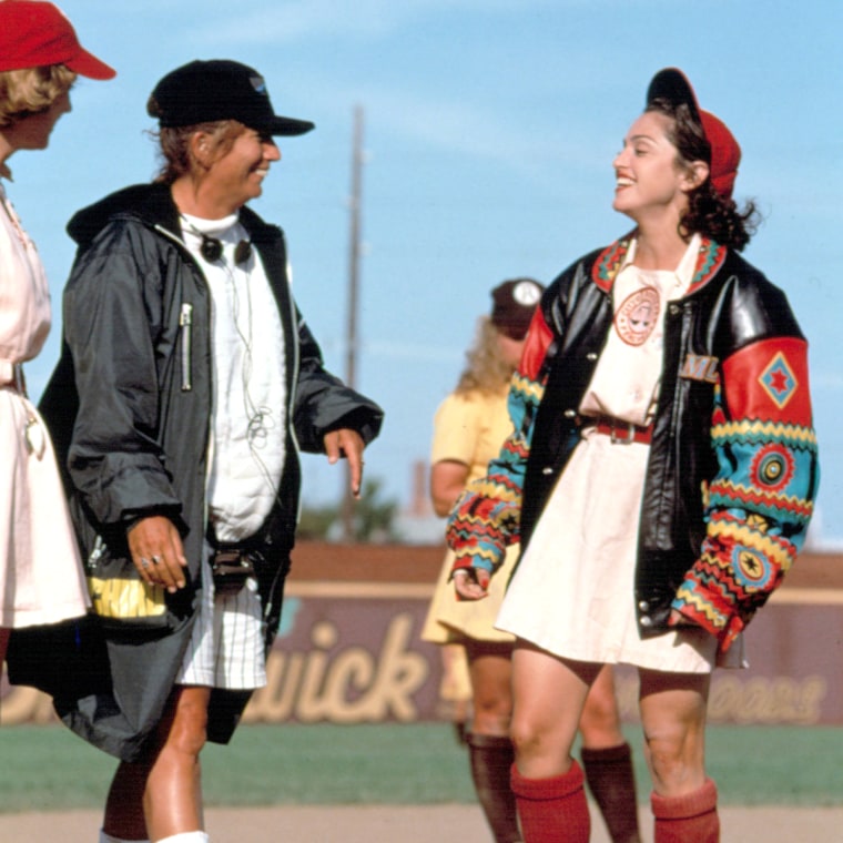 Director Penny Marshall, Madonna on the set of A LEAGUE OF THEIR OWN, 1992. ?(C) Columbia Pictures/ Cou