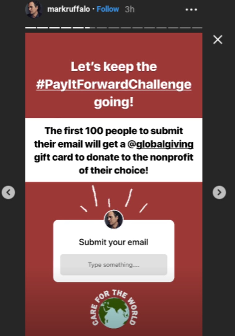Mark Ruffalo Instagram Story #PayItForward
