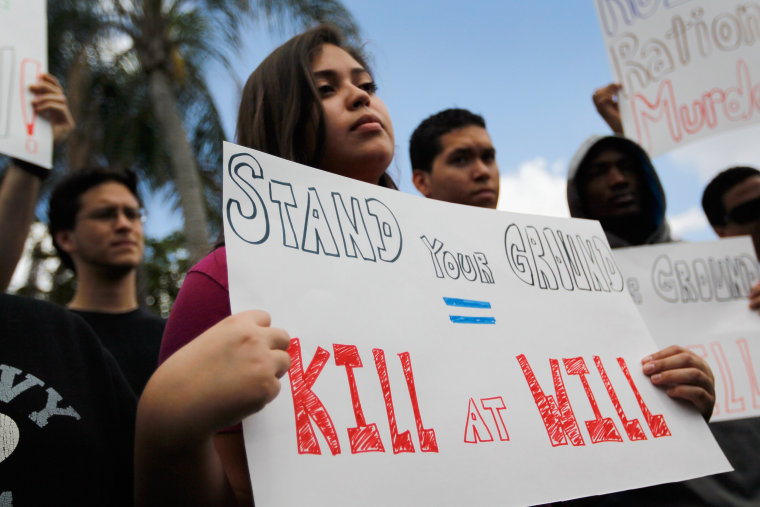 Image: Supporters of Trayvon Martin gather for a rally in front of Florida Senator Marco Rubio's office to protest his support for Florida's \"Stand Your Ground\" law in Miami in 2012.