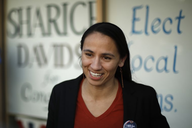 Image: Sharice Davids talks to supporters at her campaign office in Overland Park, Kansas, on Oct. 22, 2018.