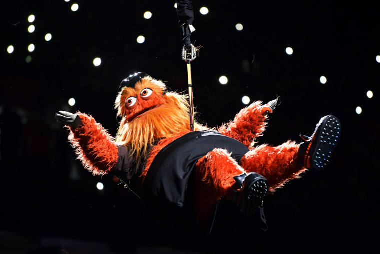 Image: Philadelphia Flyers mascot Gritty drops onto the ice at Wells Fargo Center in Philadelphia on Nov. 23, 2018.