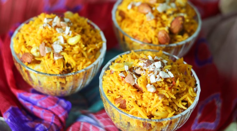 No South Asian feast is complete without a rice dish like zarda, a sweet yellow rice with nuts and dried fruits.