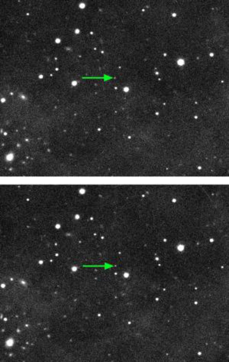 Discovery images of 2018 VG18, nicknamed "Farout," from the Subaru Telescope on Nov.10, 2018. Farout moves between the two discovery images while the background stars and galaxies do not move over the one hour between images.