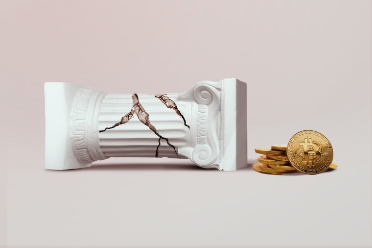 Illustration of a fallen column and bitcoins