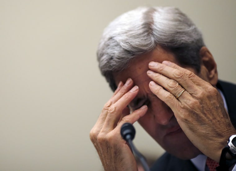 Secretary of State John Kerry pauses a House Foreign Affairs Committee hearing on the Iran nuclear agreement in Washington