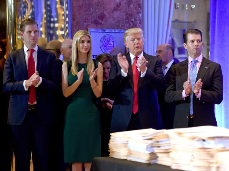 President-elect Donald Trump with his children Eric, Ivanka and Donald Jr. at Trump Tower in New York on Jan. 11, 2017.