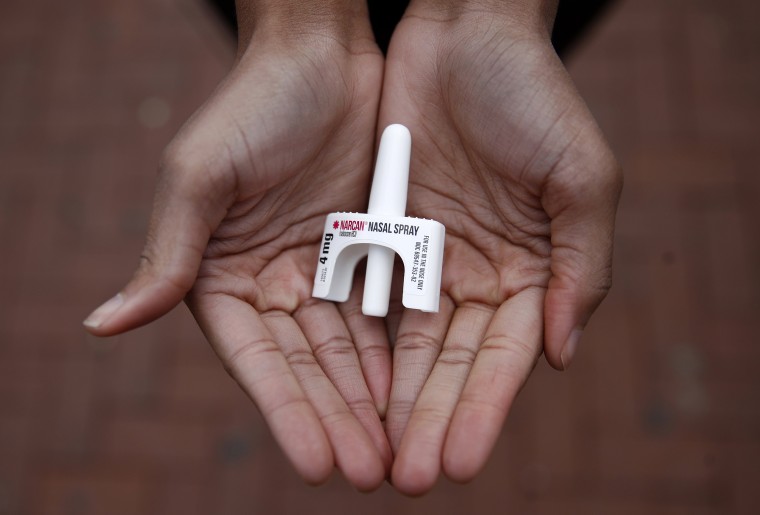 A sample of Narcan nasal spray. Narcan is a brand name of naloxone, an overdose-reversal drug.