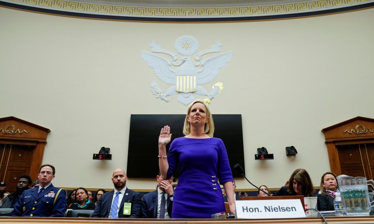 Image: U.S. Secretary of Homeland Security Kirstjen Nielsen is sworn in before testifying to the House Judiciary Committee hearing on oversight of the Department of Homeland Security on Capitol Hill in Washington
