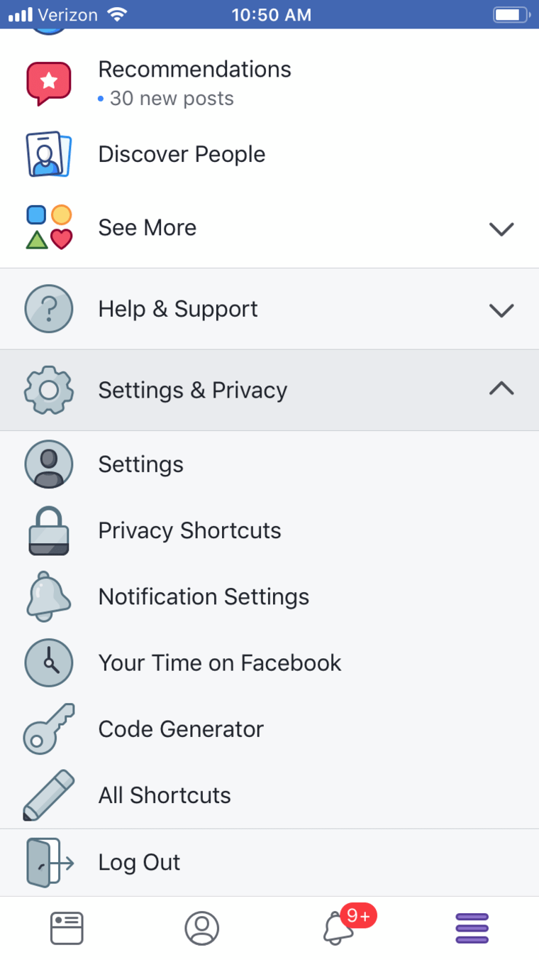 Facebook menu list