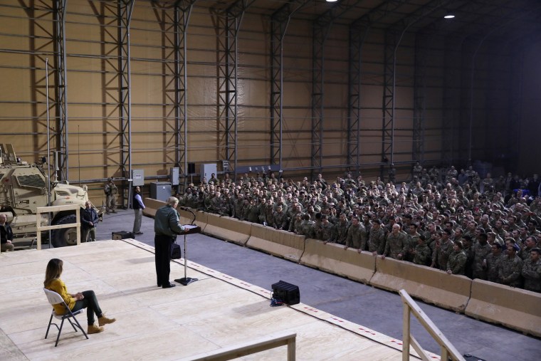 Image: President Donald Trump delivers remarks to U.S. troops inside the hanger at Al Asad Air Base in Iraq.
