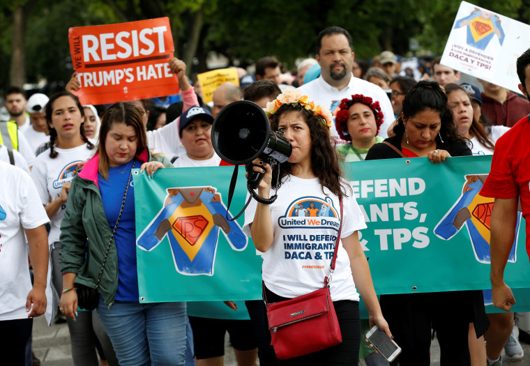 Image: Demonstrators march during a rally to protect the Deferred Action for Childhood Arrivals (DACA) and Temporary Protection Status (TPS) programs in Washington on Aug. 15, 2017.