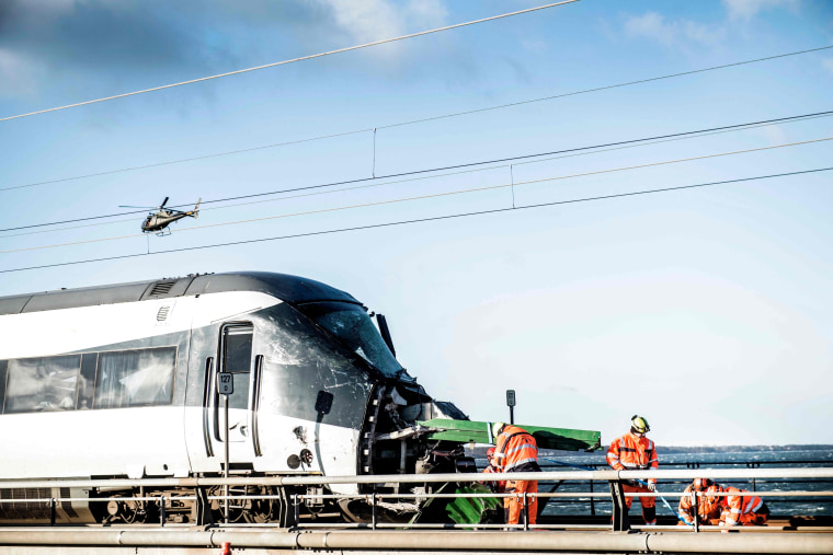 Image: The passenger train damaged by a deadly accident in Denmark