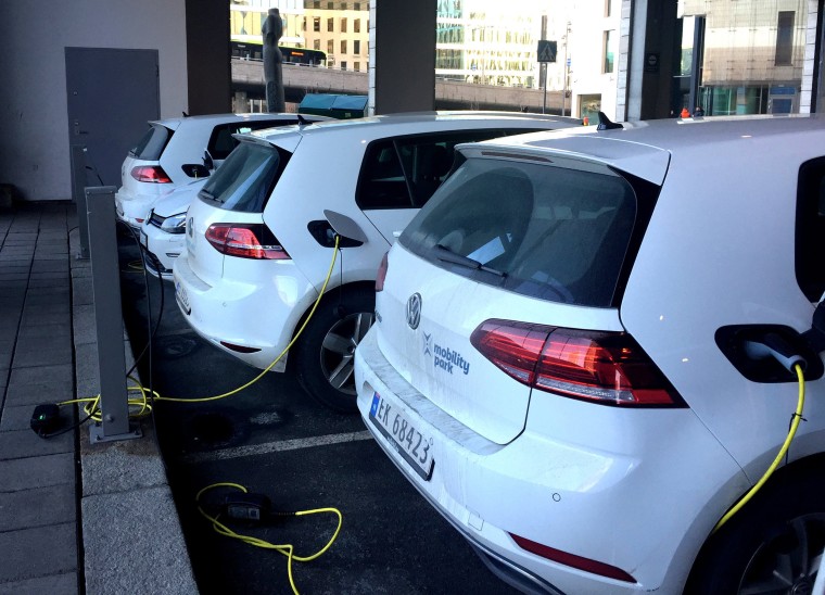 Image: Electric cars are parked in Oslo, Norway, on Jan. 2, 2019.