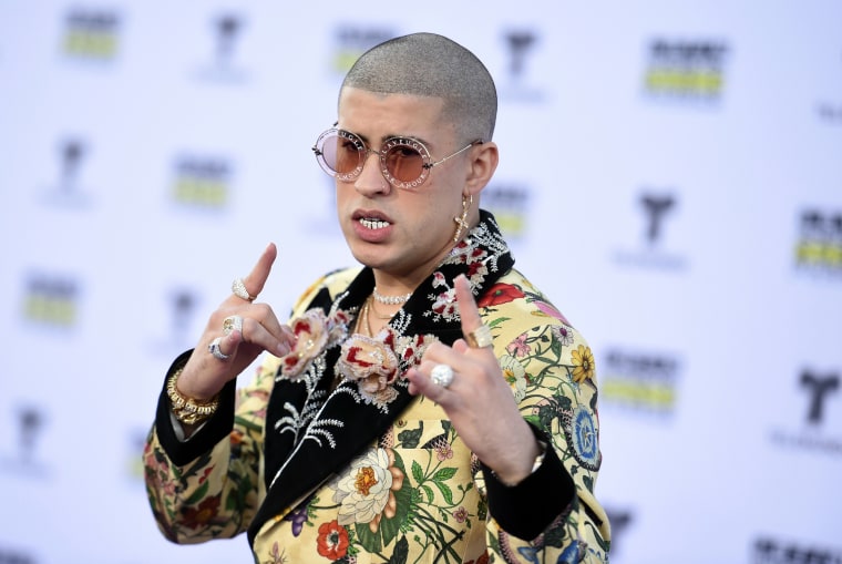 Image: Bad Bunny arrives at the Latin American Music Awards in Los Angeles on Oct. 26, 2017.