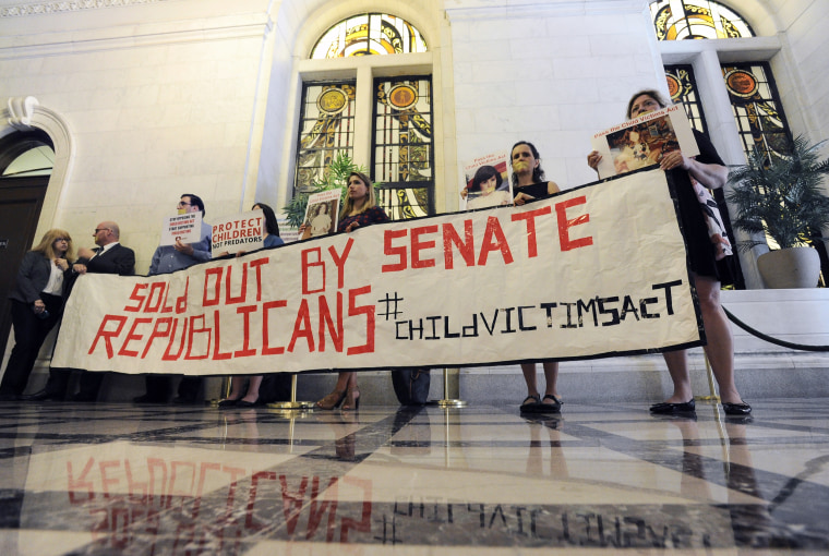 Image: Coalition members demonstrate in support of the Child Victims Act at the New York State Capitol in Albany on June 21, 2017.