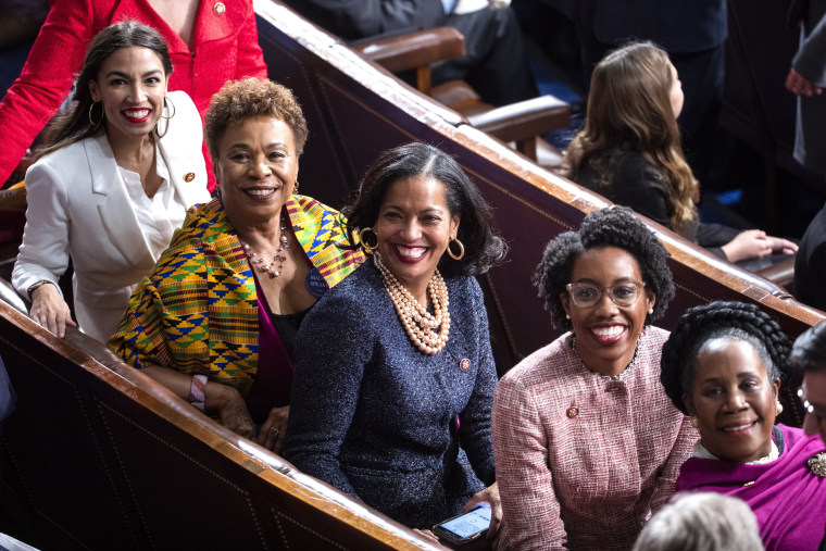 Image: Democratic Representatives Alexandria Ocasio-Cortez, Barbara Lee, Jahana Hayes, Lauren Underwood and Sheila Jackson during the swearing-in ceremony at the Capitol on Jan. 3, 2019.