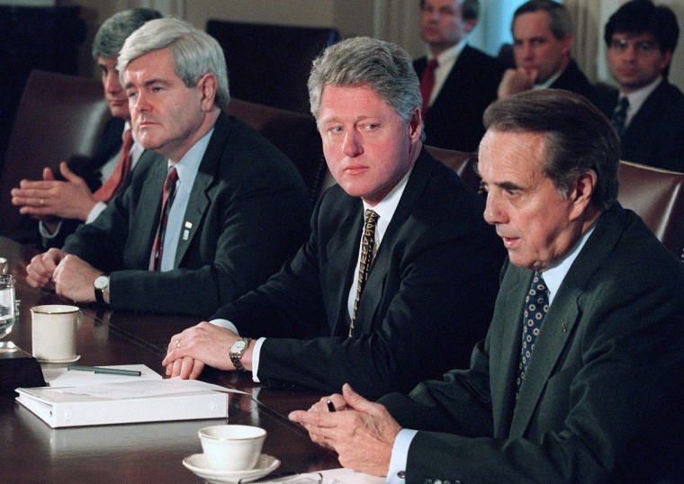 President Clinton meets with Republican congressional leaders at the White House on Dec. 29, 1995 to discuss the federal budget impasse.