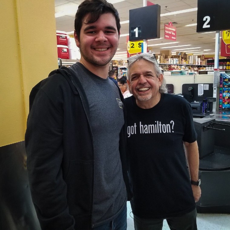 Antonio Gonzalez (left) met Luis Miranda, Lin-Manuel Miranda's father, (right) while he waited in line at a ticket booth located in San Juan in November 2017 to get tickets for 'Hamilton' in Puerto Rico.