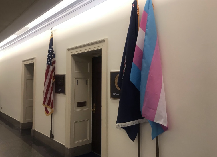 Image: A transgender flag stands outside of Representative Jennifer Wexton's office in Washington on Jan. 4, 2019.