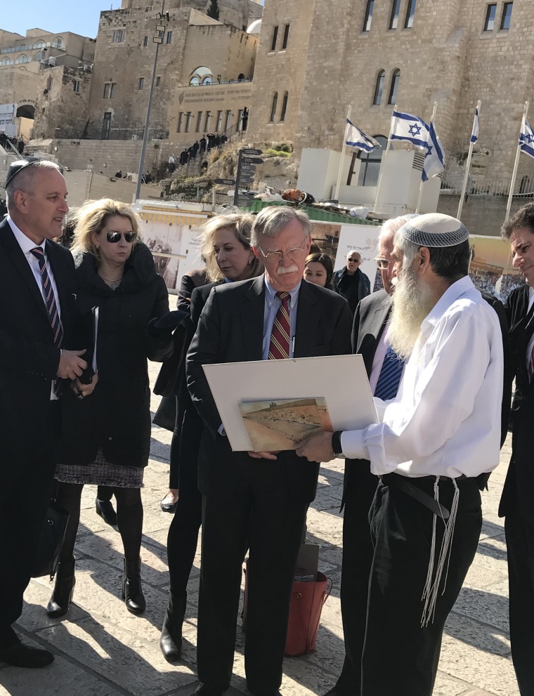 Image: John Bolton is shown around Jerusalem's Western Wall