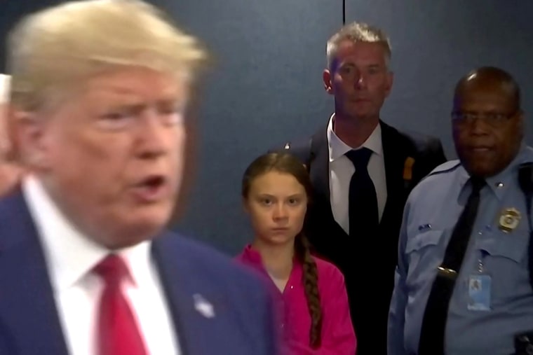 Image: Swedish environmental activist Greta Thunberg watches as President Donald Trump enters the United Nations