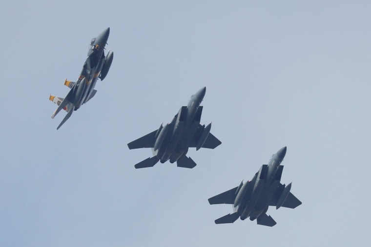 Image: FILE PHOTO: U.S. Air Force F-15 fighter jets fly in formation during the Clear Sky 2018 multinational military drills in Khmelnytskyi Region