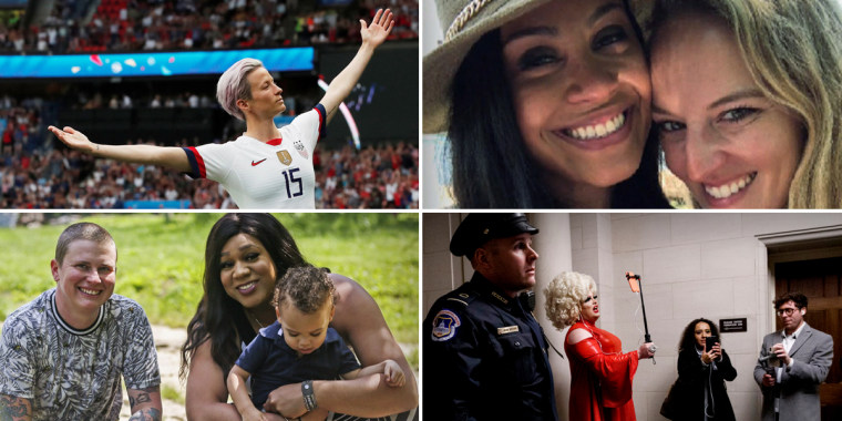 Clockwise from top, Megan Rapinoe of the U.S. women's soccer team; NBC News anchor Meagan Fitzgerald and her fiancee Kelly Heath; Pissi Myles reports from Capitol Hill; transgender couple Jay Thomas and Jamie Brewster with their son.