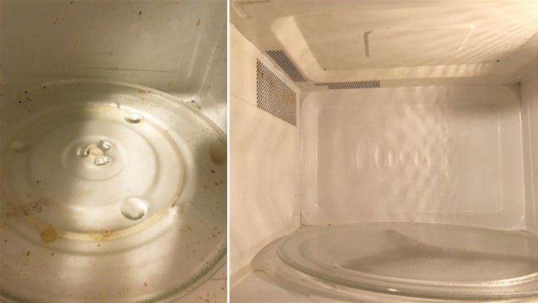 My microwave before (left) and after using the Tovolo Vented Microwave Cover. 