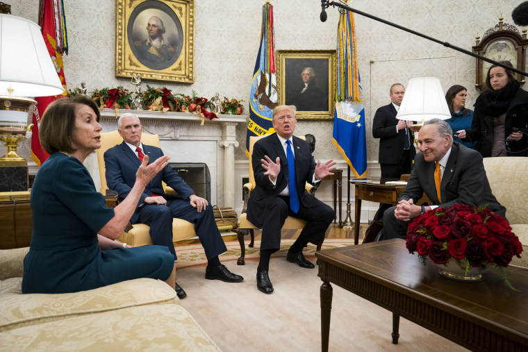 Image: President Donald Trump and Vice President Mike Pence meet with House Minority Leader Nancy Pelosi (D-Calif.) and Senate Minority Leader Chuck Schumer (D-N.Y.) at the White House in Washington.