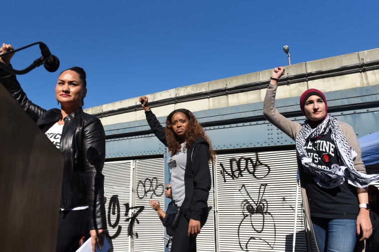 Image: Women's March organizers Carmen Perez, Tamika Mallory and Linda Sarsour at the March for Racial Justice in New York on Oct. 1, 2017.
