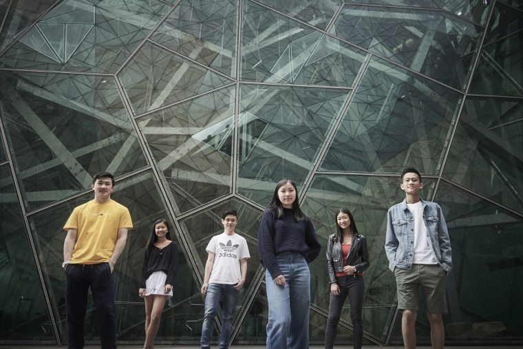 Brendan Wang, Anny Xie, Darren Qiang, Kathleen Xiao, Angela Kang, Tony Xie, six of the nine founders of the Facebook group "Subtle Asian Traits," in Melbourne, Australia.