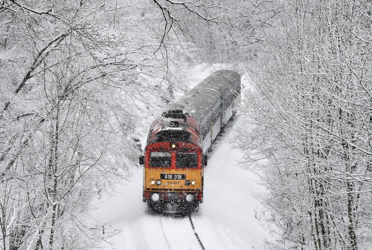 Image: A train crosses the Cuha Valley during heavy snowfall near Vinnye, Hungary, on Jan. 8, 2019.
