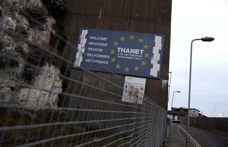 Image: A sign opposite the abandoned passenger terminal at the Port of Ramsgate in England